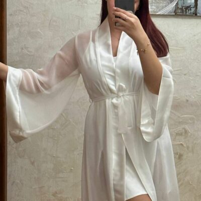 Ensemble foulard court de mariée... Nuisette satin de soie